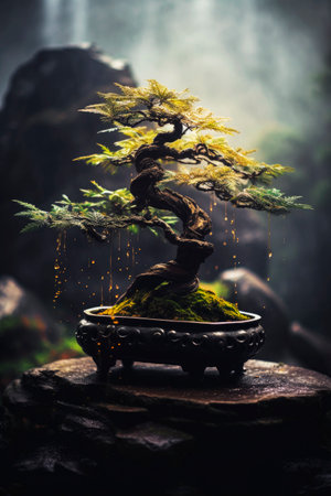 Generative AI illustration of valuable century-old bonsai tree with blurred background. Japanese miniature treeの素材