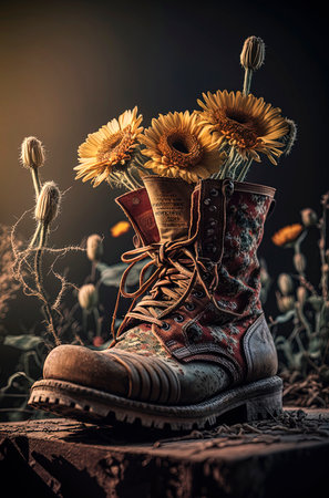 Generative AI illustration of Recycled Boots with Flowers. recycle conceptの素材