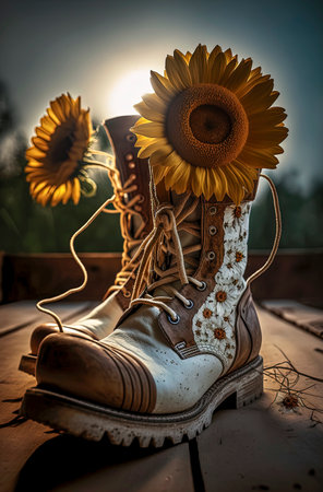 Generative AI illustration of Recycled Boots with Flowers. recycle conceptの素材