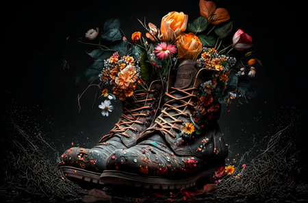 Generative AI illustration of Recycled Boots with Flowers. recycle conceptの素材