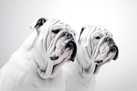Generative AI illustration of white English bulldog dog, with pure white background and studio light. animals conceptの素材