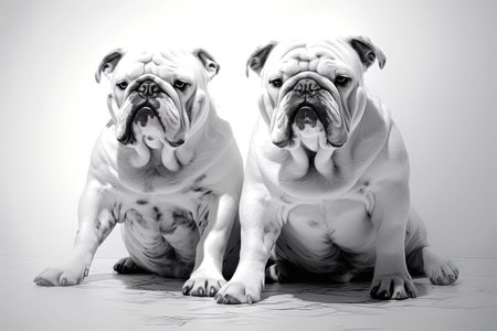 Generative AI illustration of white English bulldog dog, with pure white background and studio light. animals conceptの素材