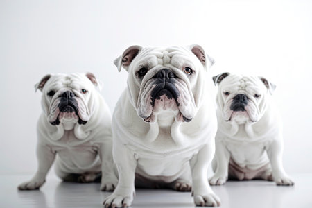 Generative AI illustration of white English bulldog dog, with pure white background and studio light. animals conceptの素材