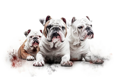 Generative AI illustration of white English bulldog dog, with pure white background and studio light. animals conceptの素材