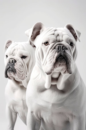Generative AI illustration of white English bulldog dog, with pure white background and studio light. animals conceptの素材