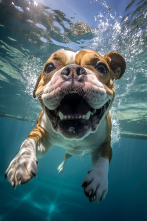 Generative AI illustration of English bulldog dog diving in a pool underwater.の素材
