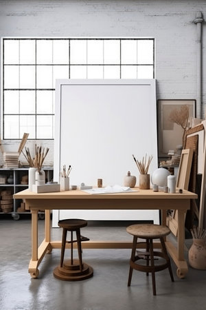 Generative AI illustration of Frame white mockup propped up on a table in an art studio with natural light. concept art advertisingの素材
