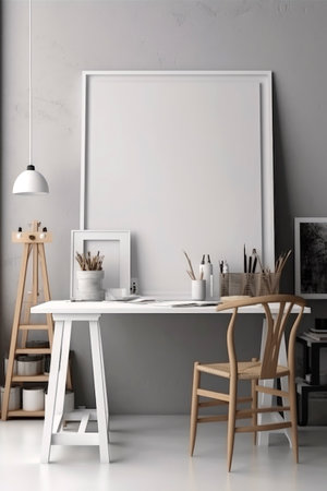 Generative AI illustration of Frame white mockup propped up on a table in an art studio with natural light. concept art advertisingの素材
