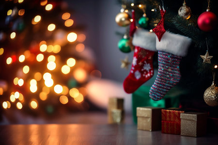 Generative AI illustration of gift boxes and socks wrapped in shiny paper under christmas tree with defocused background. christmas conceptの素材