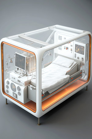 Generative AI illustration of futuristic hospital bed equipped with all technical means.Healthcare conceptの素材
