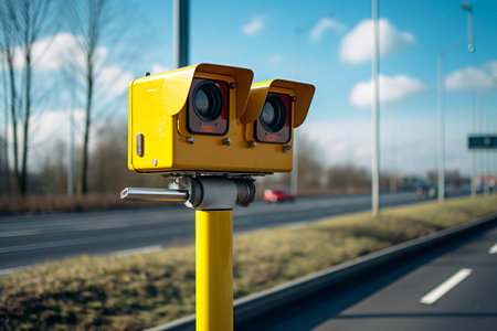 Generative AI illustration of radar camera on the road to control speed and traffic. Speed ââcontrolの素材