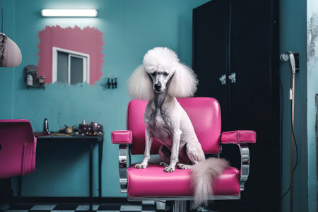 Generative AI illustration of White giant poodle dog sitting in a salon chair waiting to get a haircut. grooming conceptの素材