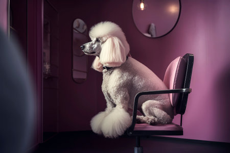 Generative AI illustration of White giant poodle dog sitting in a salon chair waiting to get a haircut. grooming conceptの素材