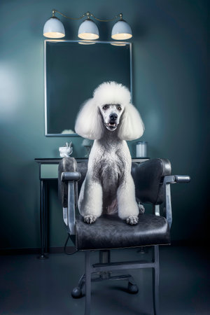 Generative AI illustration of White giant poodle dog sitting in a salon chair waiting to get a haircut. grooming conceptの素材