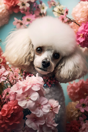 Generative AI illustration of Portrait of Funny white poodle dog surrounded by colorful flowers. Pets conceptの素材
