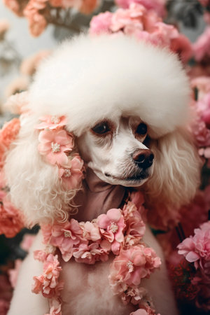 Generative AI illustration of Portrait of Funny white poodle dog surrounded by colorful flowers. Pets conceptの素材