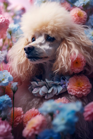 Generative AI illustration of Portrait of Funny white poodle dog surrounded by colorful flowers. Pets conceptの素材