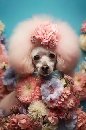 Generative AI illustration of Portrait of Funny white poodle dog surrounded by colorful flowers. Pets conceptの素材