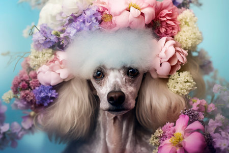 Generative AI illustration of Portrait of Funny white poodle dog surrounded by colorful flowers. Pets conceptの素材