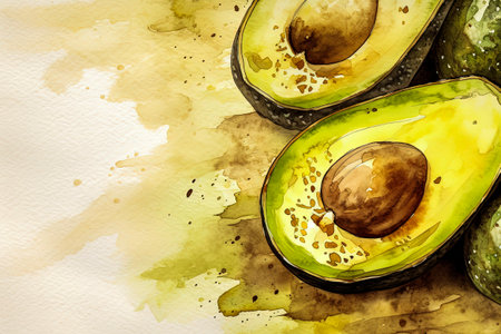 Generative AI Background illustration of fresh avocados in minimalist illustration style. Digital art. Healthy foodの素材
