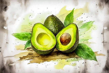 Generative AI Background illustration of fresh avocados in minimalist illustration style. Digital art. Healthy foodの素材