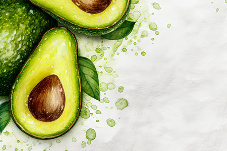 Generative AI Background illustration of fresh avocados in minimalist illustration style. Digital art. Healthy foodの素材
