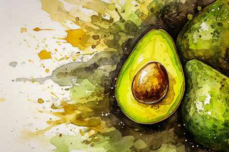 Generative AI Background illustration of fresh avocados in minimalist illustration style. Digital art. Healthy foodの素材