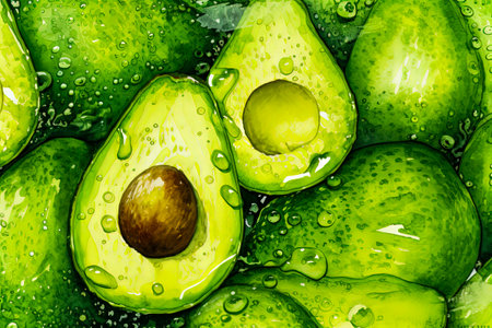 Generative AI Background illustration of fresh avocados in minimalist illustration style. Digital art. Healthy foodの素材