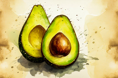 Generative AI Background illustration of fresh avocados in minimalist illustration style. Digital art. Healthy foodの素材