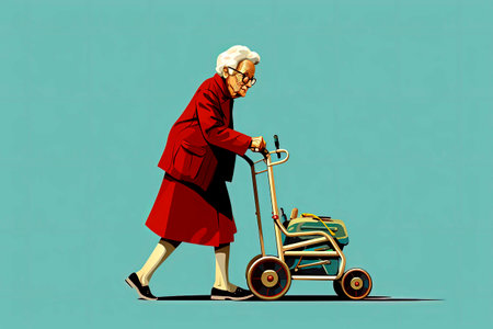 Generative Ai of old woman walking helped by a walker in vector illustration style. old peopleの素材