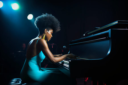Generative AI illustration of Gorgeous black woman with blue afro hair singing and playing the piano in a studio.Signer performig. Background Music Studio Conceptの素材