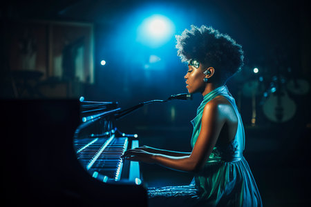 Generative AI illustration of Gorgeous black woman with blue afro hair singing and playing the piano in a studio.Signer performig. Background Music Studio Conceptの素材