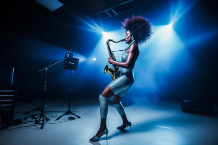 Generative AI illustration of Gorgeous black woman with blue afro hair singing and playing the saxophone in a studio.Signer performig. Background Music Studio Conceptの素材