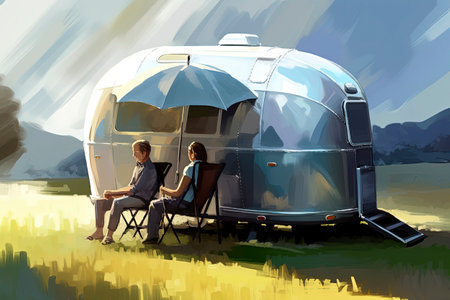 Generative AI illustration of two people sitting on the side of an aluminum trailer under an umbrella, illustration of rural landscapes. holidays conceptの素材