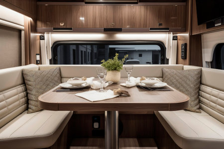 Generative AI illustration of interior of motorhome with two big beds, kitchen and dining table, with style of meticulous detailing. luxury conceptの素材