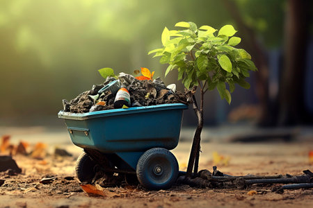 Generative AI illustration of green eco friendly wheelbarrow and shovel collecting plastic in the forest garbage for recycle. environment conceptの素材