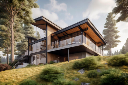 Generative AI illustration of reclaimed wood house on a mountain or a hill with sunset light, surrounded by nature on two levels. recycle conceptの素材