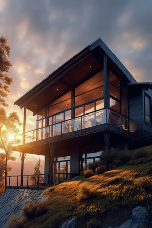 Generative AI illustration of reclaimed wood house on a mountain or a hill with sunset light, surrounded by nature on two levels. recycle conceptの素材