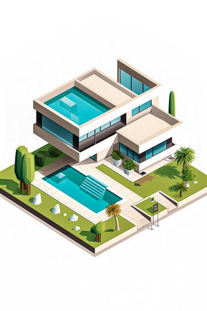 Generative AI 3D Recreation illustration of Isometric Luxury House built with sustainable materials. sustainable architecture conceptの素材