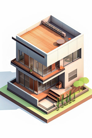 Generative AI 3D Recreation illustration of Isometric Luxury House built with sustainable materials. sustainable architecture conceptの素材