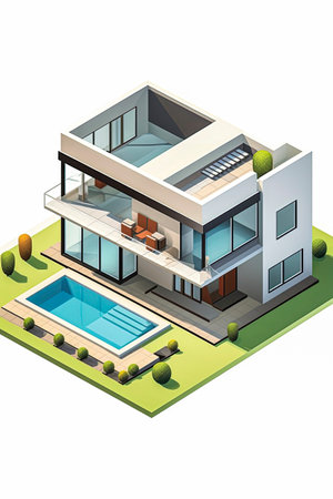 Generative AI 3D Recreation illustration of Isometric Luxury House built with sustainable materials. sustainable architecture conceptの素材