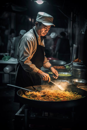 Generative AI illustration of street chef in Bangkok Thailand cooks up a dish for happy customers at the night market. street food conceptの素材