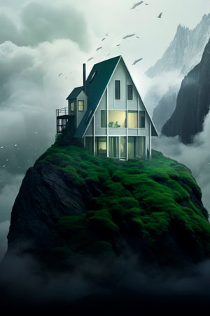 Generative AI illustration of Landscape Background with colorful house on the lake of the Nordic countries with winter and cold colors. wild natureの素材