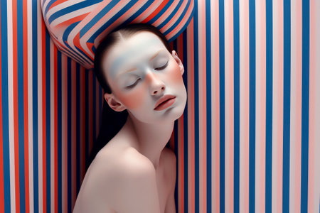 Generative AI illustration of the pink and blue striped beautiful young woman with long hair looking front with striped background. Futuristic fashion conceptの素材