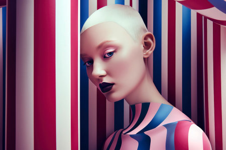 Generative AI illustration of the pink and blue striped beautiful young woman with long hair looking front with striped background. Futuristic fashion conceptの素材