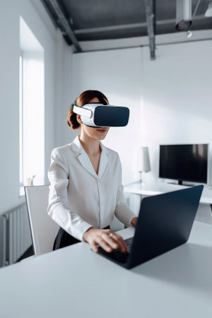 Generative AI illustration of Young woman in an office working with virtual glasses. High technology conceptの素材