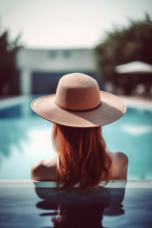 Generative AI illustration of Young woman with long hair wearing hat relaxing in swimming pool at tourist resort during sunny day, from back. holidays conceptの素材