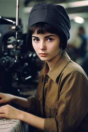 Generative AI illustration of A young woman works with bangs at a garments factory among machine tools sewing clothes. fashion conceptの素材