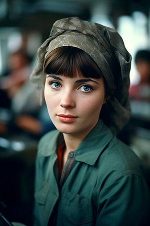 Generative AI illustration of A young woman works with bangs at a garments factory among machine tools sewing clothes. fashion conceptの素材