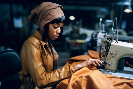 Generative AI illustration of A young black woman works with bangs at a garments factory among machine tools sewing clothes. fashion conceptの素材